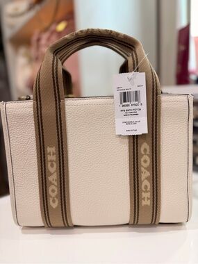 Coach Chalk and Tan Logo-Striped Pebble Leather Tote